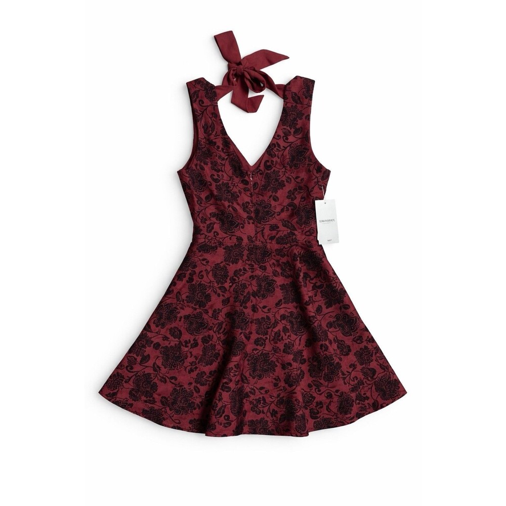 B Darlin Burgundy Black Floral Fit Flare Dress Size 9/10 Velvet Flocked NWT